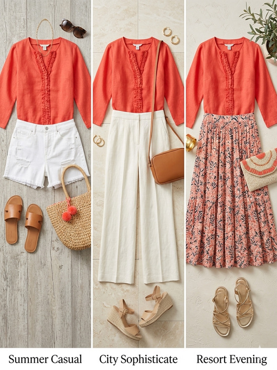 Peter martin Tops - NWOT Linen blend Coral V-Neck Ruffle Trim tunic top tomato red festive Size-XL